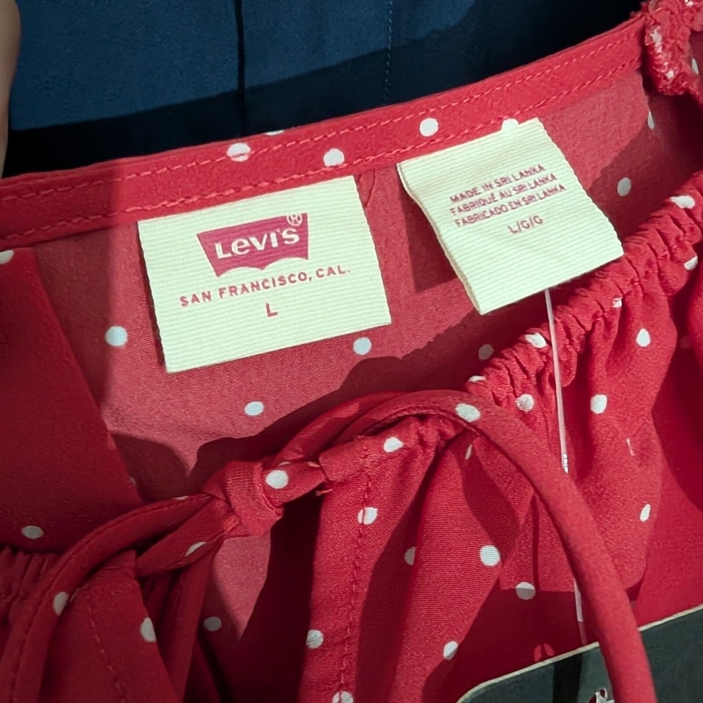 Levi's Polka Dot Mini SunDress Puff Sleeve Tie Front‎ Red country western Size L - Picture 6 of 6